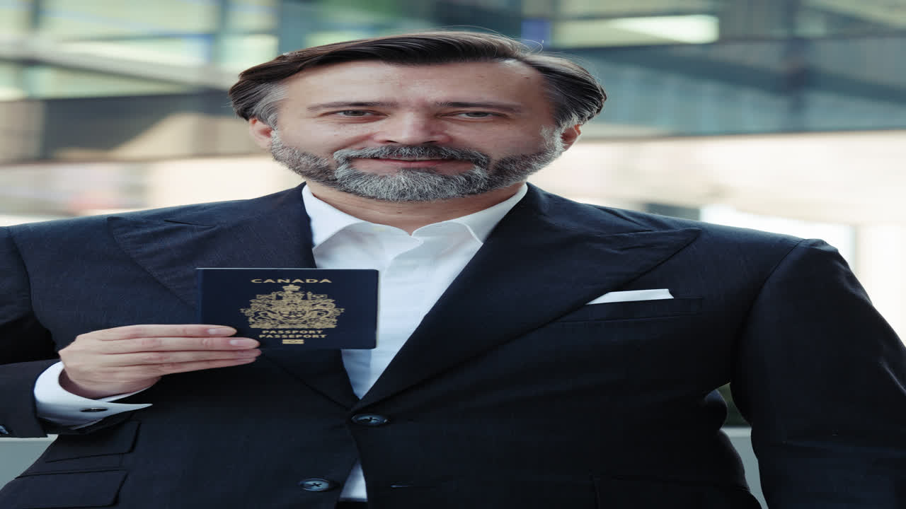 Podnikatel držící kanadský pas se dívá do kamery.