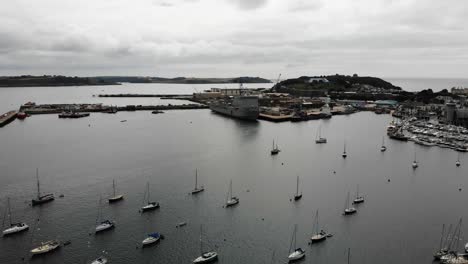 aerial view of falmouth yacht vistor moorings on overcast day