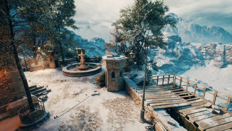 scenic winter landscape with stone fountain and mountain backdrop