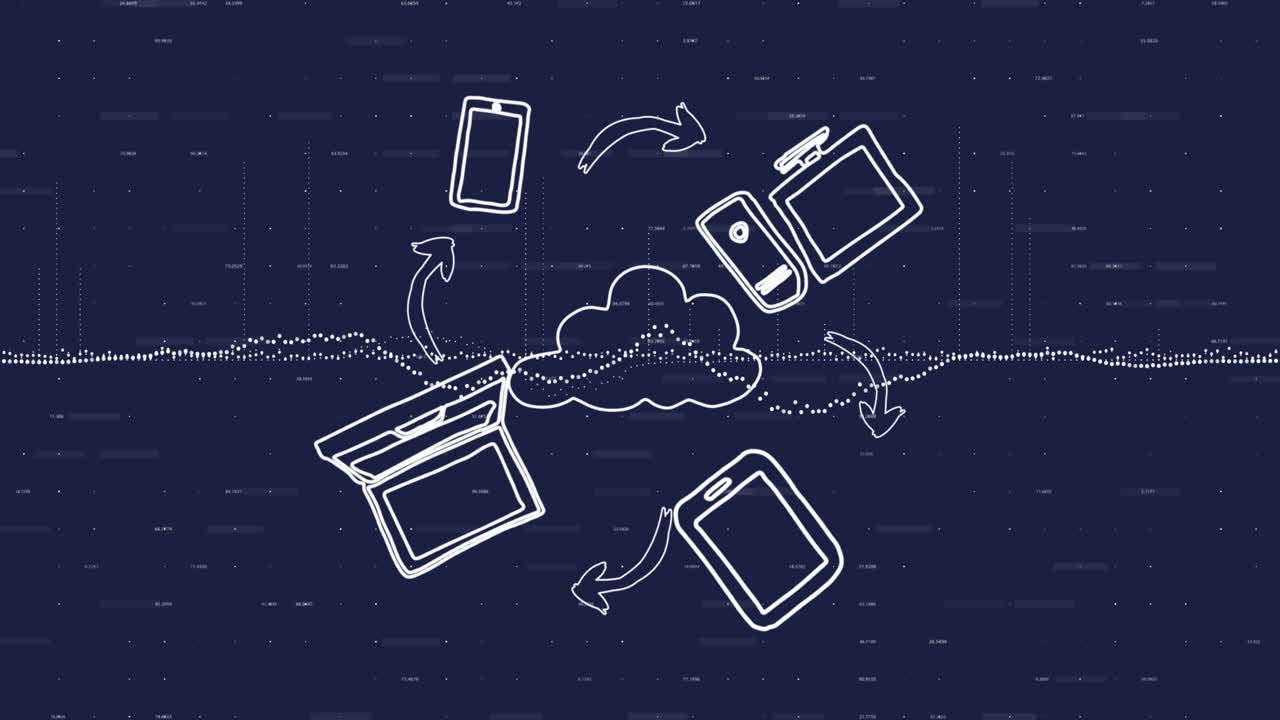 Animation of media icons and data processing on blue background