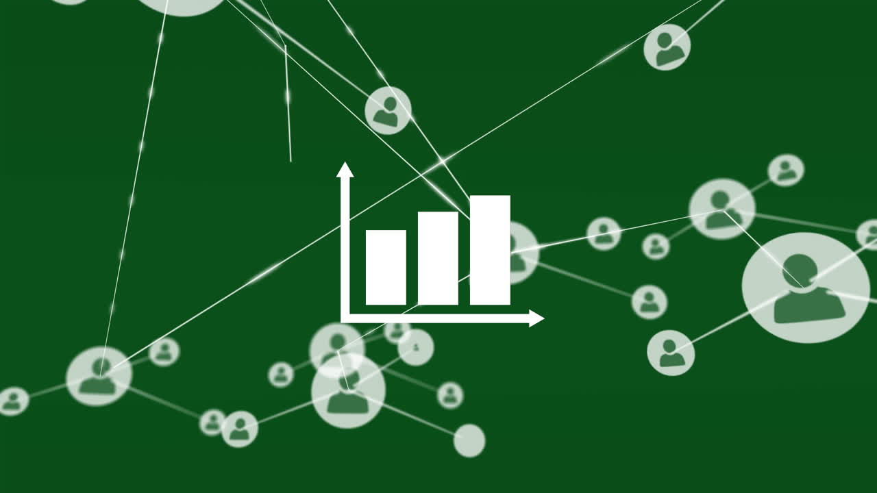 animación de la red de iconos de perfil sobre el icono del gráfico de barras contra un fondo verde.