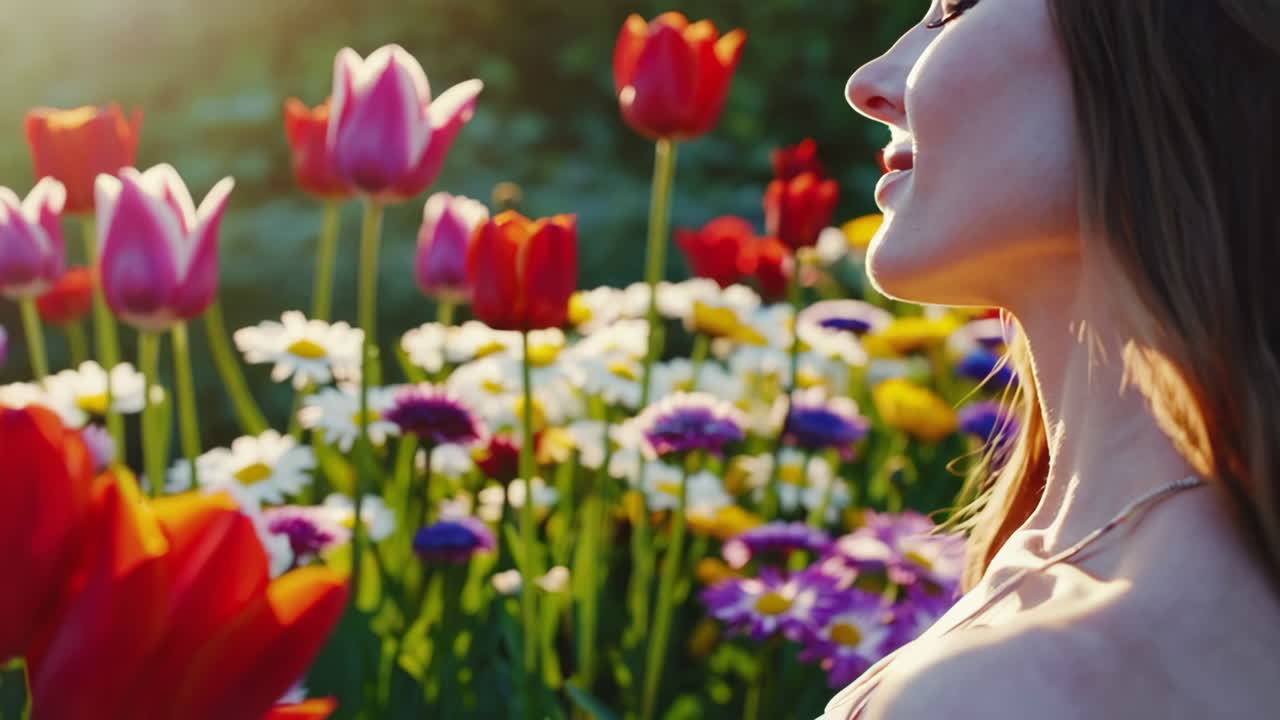 Canlı bir çiçek bahçesinin huzurlu güzelliğinin tadını çıkaran bir kadın