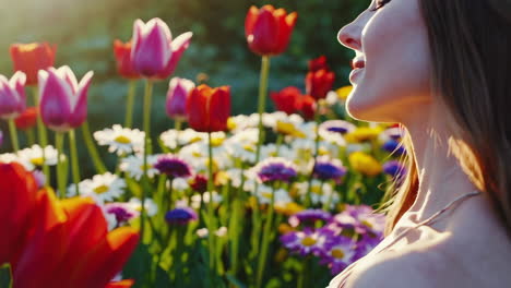 a woman enjoying the peaceful beauty of a vibrant flower garden