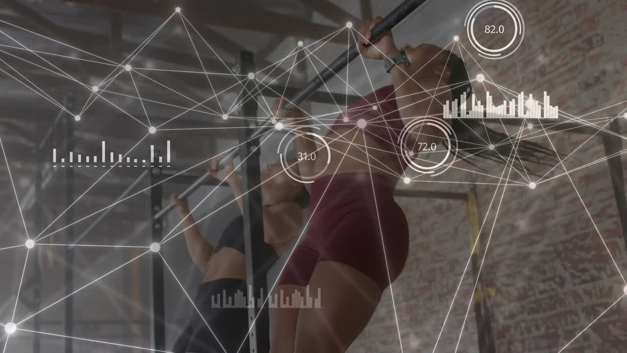 Two women gripping bar and doing reps in gym, animated numeric readouts updating to track strength