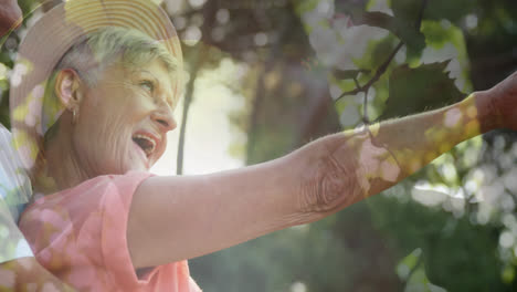 Animation-of-glowing-light-over-happy-senior-couple