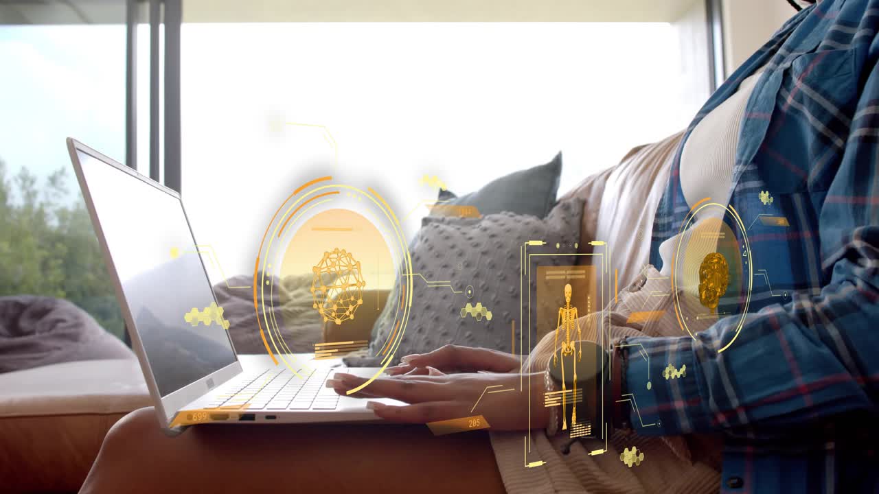 Woman typing on laptop and activating AR health HUD, analyzing skeletal rings and brain module