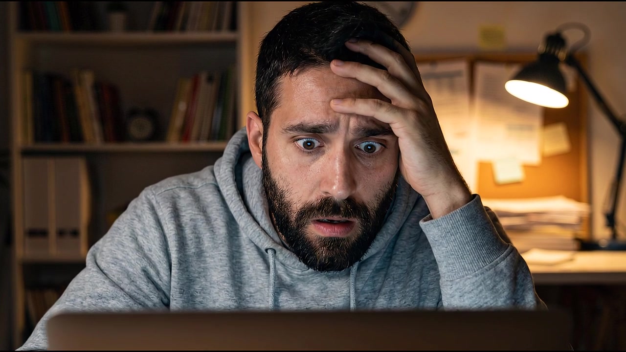 Man with surprised expression looking at laptop in home office late at night with dim warm lighting