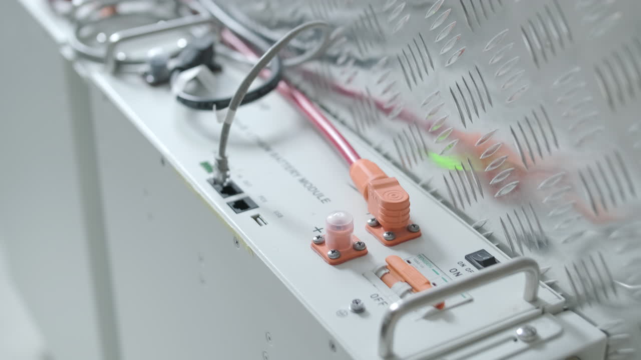 Close-Up of Lithium Battery Module with Connected Cables