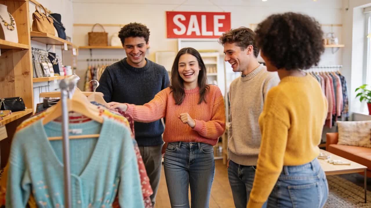 Vertical video: Entering friends in mustard, pink sweaters by rack, pulling floral dress to buy