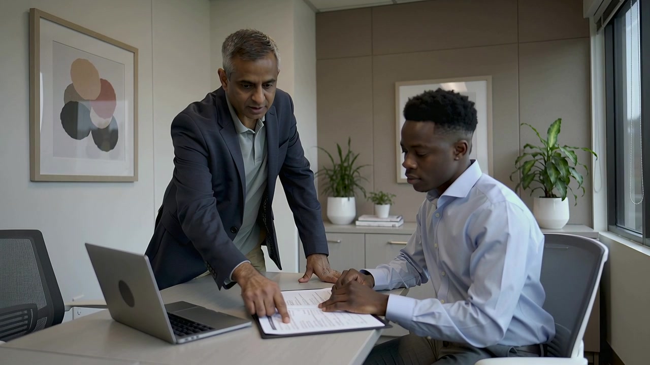 Starting contract review, pointing manager in blazer guiding employee signing at desk with binder