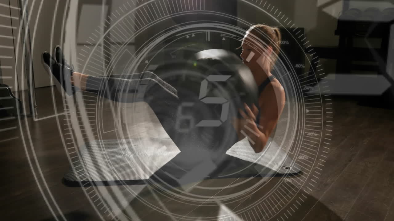 의학 공으로 운동하는 여성, 디지털 피트니스 추적 애니메이션을 통해 체육관에 있는 여성