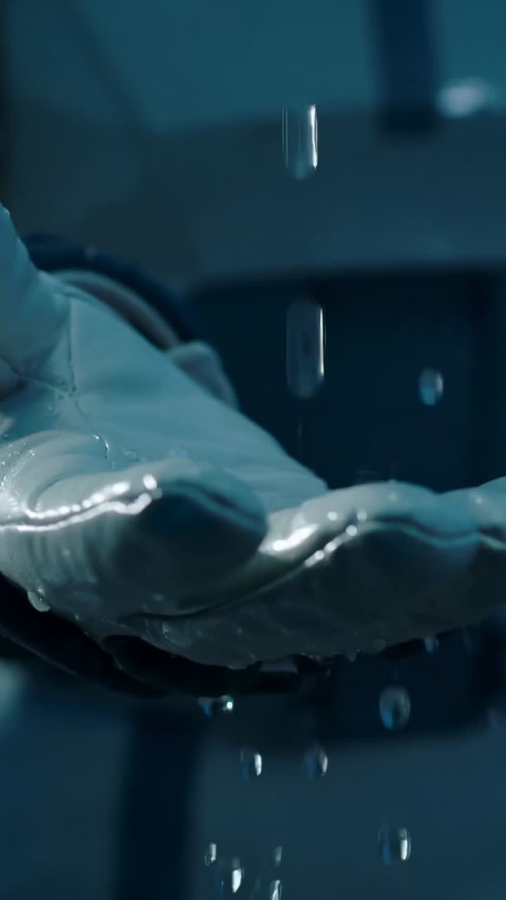 Vertical video: Catching ceiling drip with glove, suited subject inspecting leak on visor in module