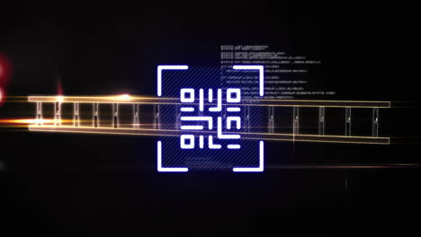 digital animation of glowing qr code against dna structure and data processing on black background