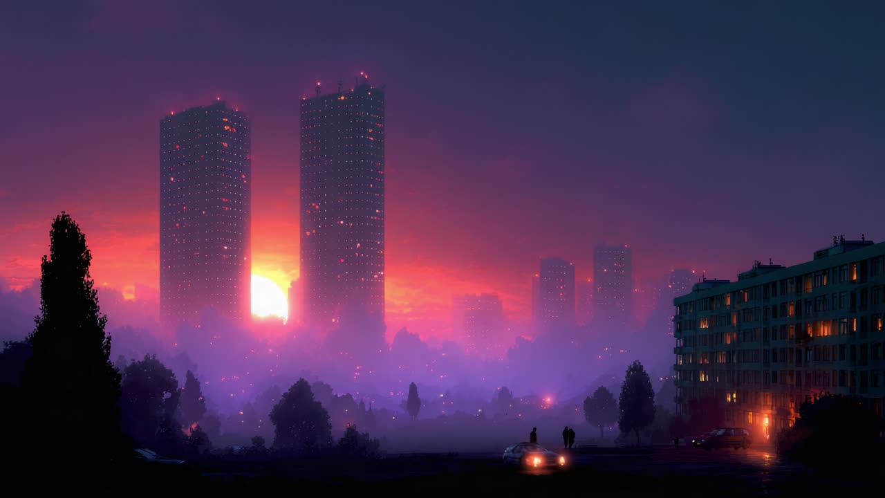Breathtaking Urban Sunset: A Majestic View of Towering Buildings Bathed in Golden Light Amidst Misty Atmosphere and Vibrant Colors Captured in Two Stunning Frames