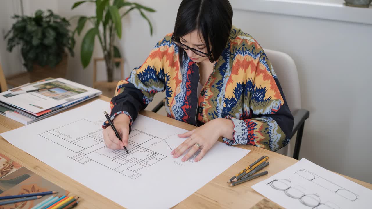 Architect drawing a floorplan at her desk