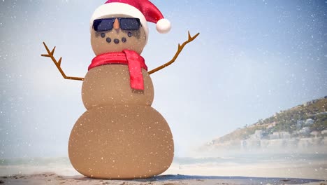 Animation-of-snow-falling-over-snowman-with-sunglasses-in-winter-countryside-scenery