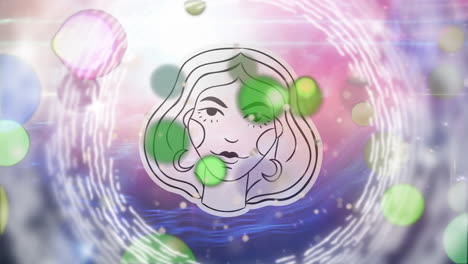 animación del signo de la estrella de virgo sobre círculos y puntos de luz sobre fondo púrpura