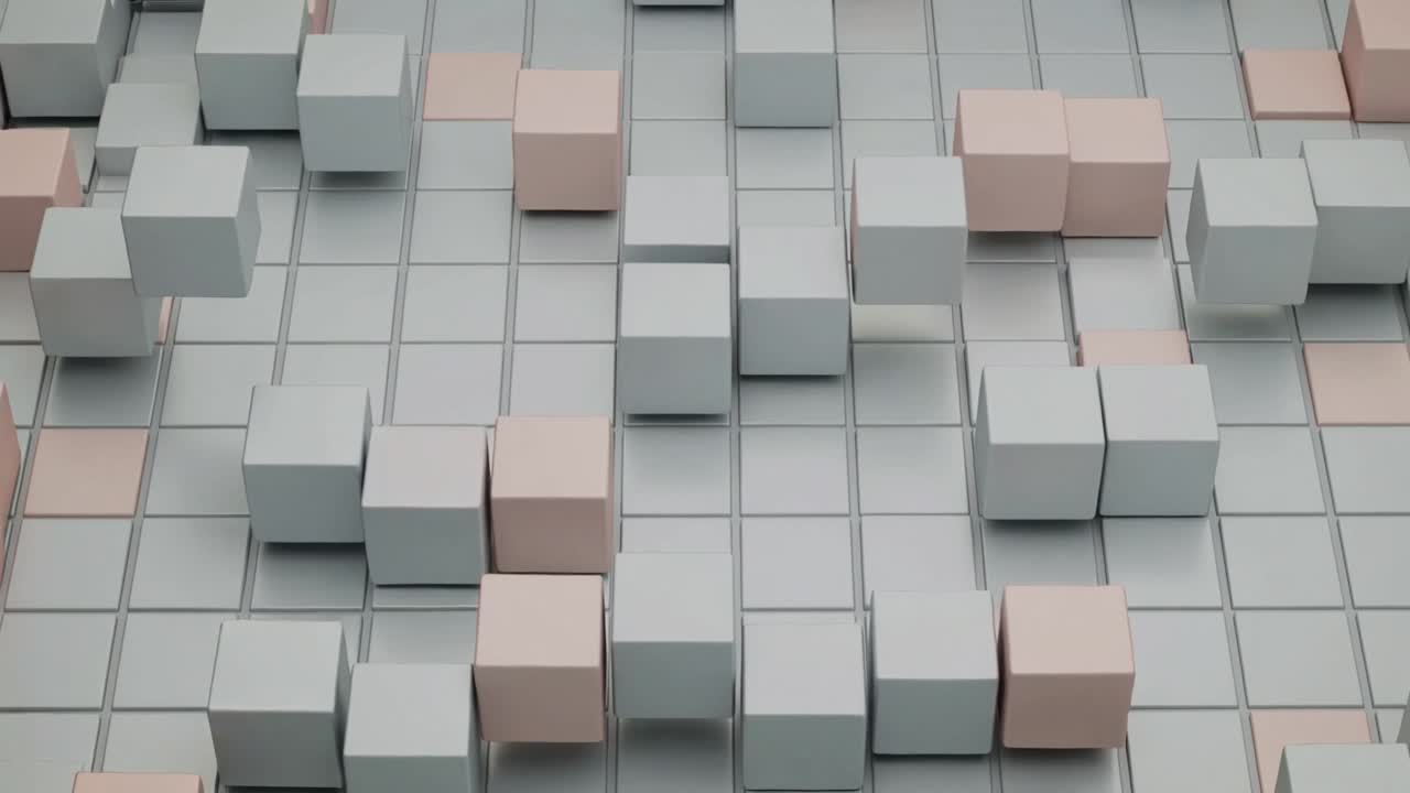 Starting playback, cubic blocks lifting and lowering, forming ripples on tiled grid with pink cubes
