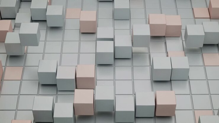 Starting playback, cubic blocks lifting and lowering, forming ripples on tiled grid with pink cubes