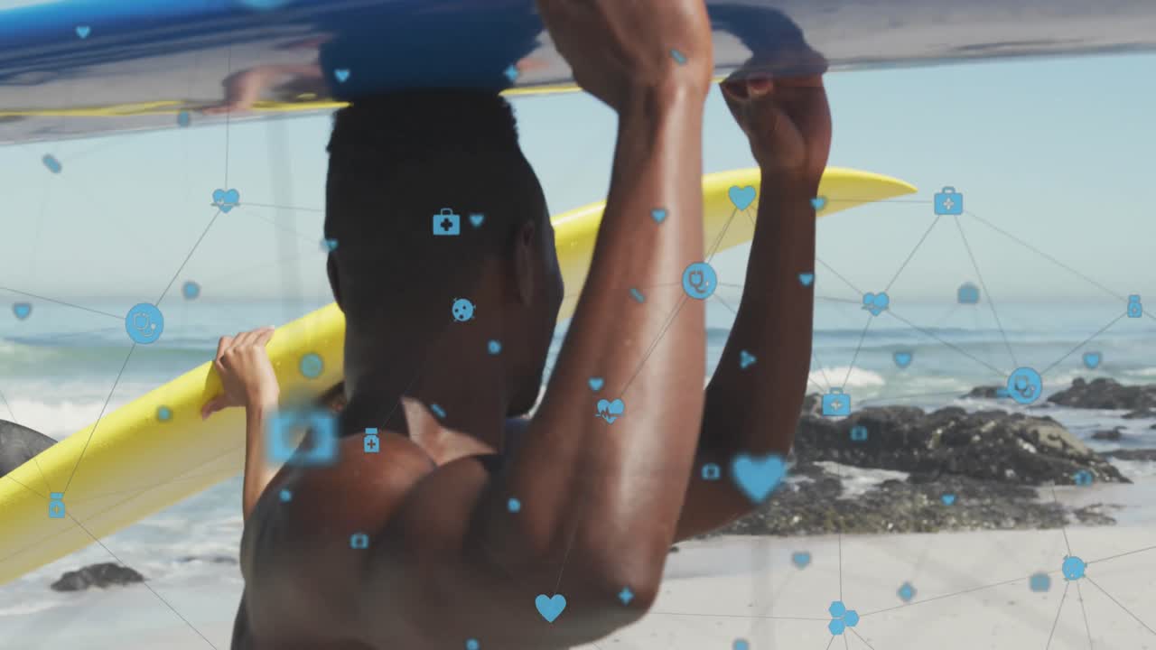 해변에서 서핑 보드를 들고 있는 커플에 대한 아이콘으로 연결된 네트워크의 애니메이션