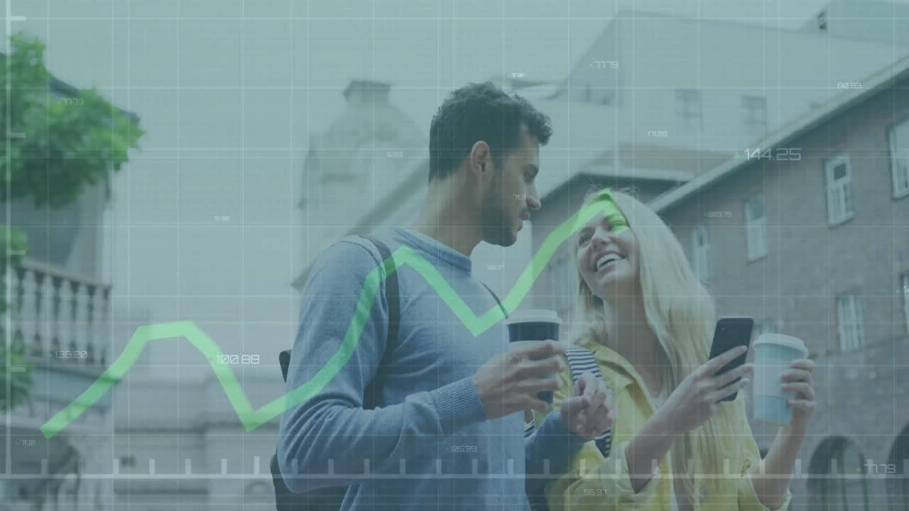 animación de gráficos con números cambiantes sobre una pareja caucásica hablando mientras beben café