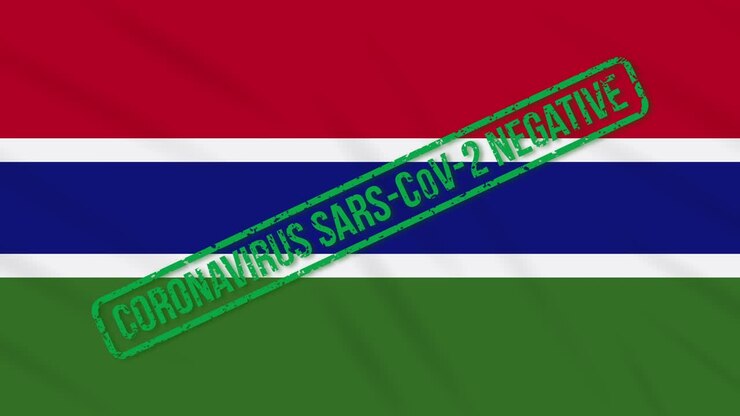 Bandiera del Gambia che sventola con timbro verde di libertà dal coronavirus, in loop.