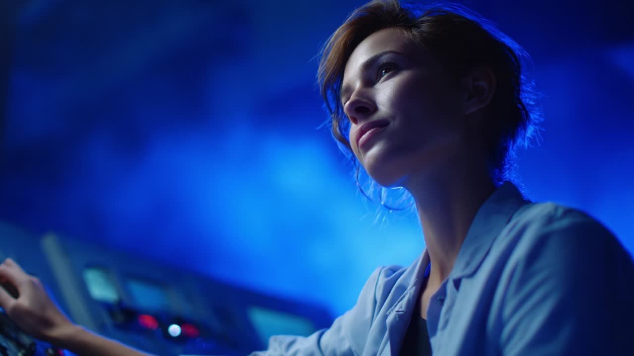 Contemplative Female Technician Operating Advanced Control Panel in a Dimly Lit Environment Highlighted by Blue Ambient Lighting, Reflecting Intensity and Focus on Her Expressions and Surroundings