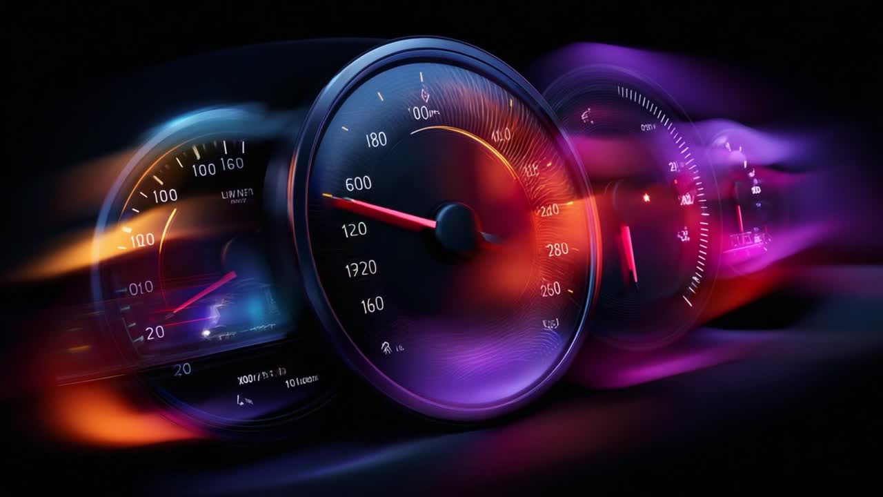 Dynamic Speedometer Display Showcasing Rapid Movement with Vivid Colors and Motion Blur, Emphasizing Performance Metrics in an Artistic Visualization of Speed