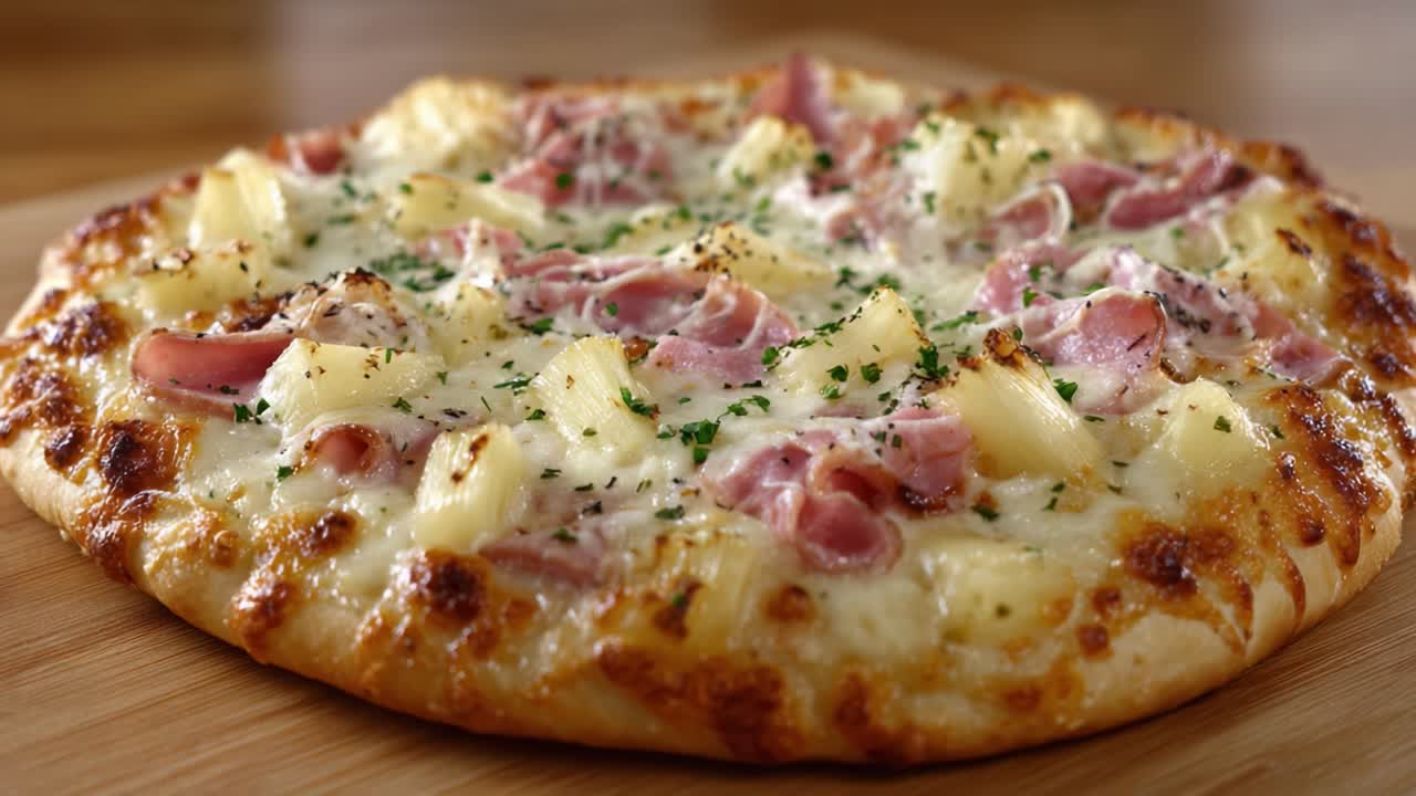 Pizza deliziosamente cotta con condimento di prosciutto e ananas, guarnita con erbe fresche, formaggio perfettamente fuso e una crosta dorata e croccante per un'esperienza culinaria soddisfacente