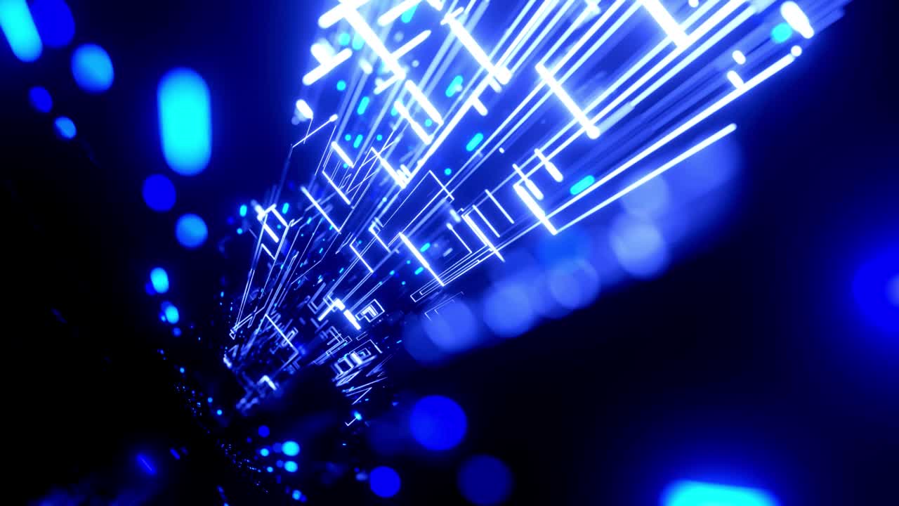 luz de neón, construcciones de ciencia ficción, objetos 3d misteriosos y hologramas. vuelo a través del túnel de tecnología de alta tecnología con sacudida de la cámara. vuelo a lo largo del ciberespacio tecnológico. 3d casi en bucle 4k bg