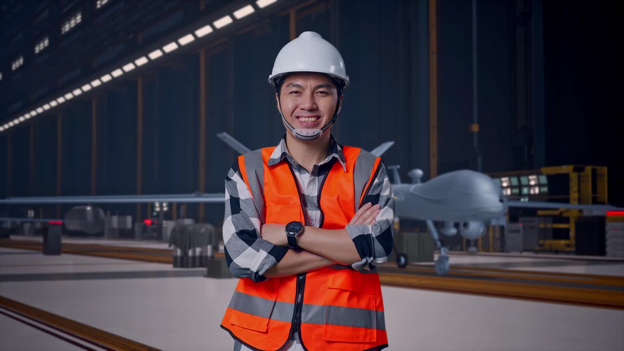 Ingegnere asiatico con casco di sicurezza che, in piedi, incrocia le braccia e sorride alla telecamera; drone militare moderno in un hangar di manutenzione con illuminazione industriale.
