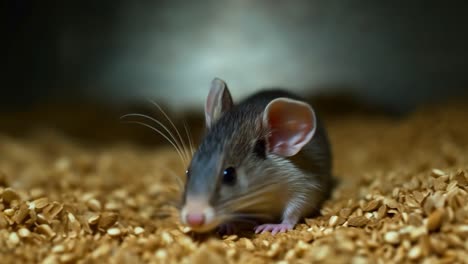 a close-up of a cute grey rat sitting on a pile of brown seeds.