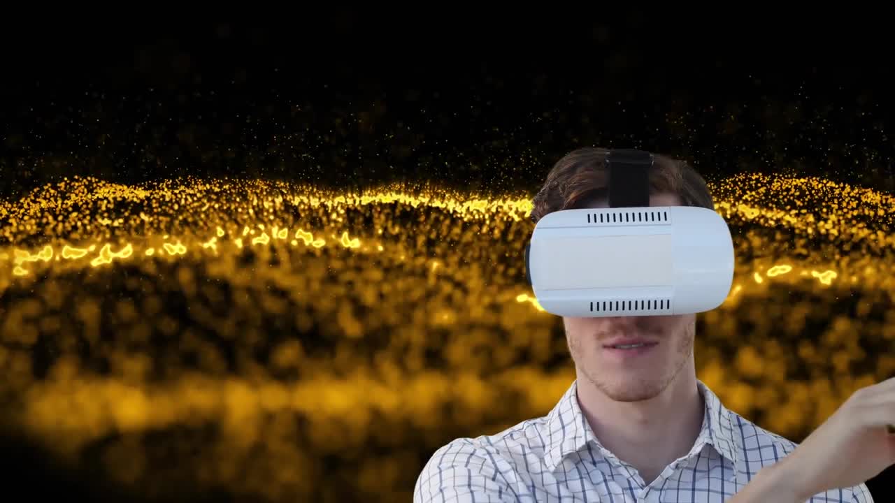 animación de brillo dorado sobre el hombre que lleva gafas vr sobre fondo negro