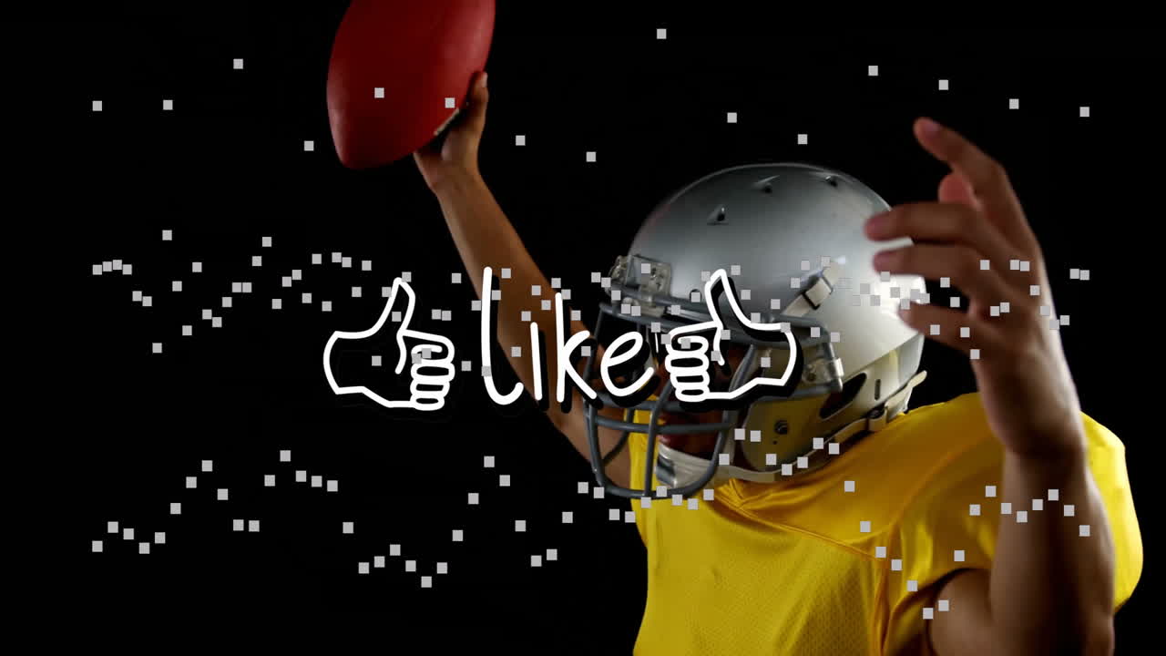 Football player throwing ball with like text and thumbs-up animation overlay
