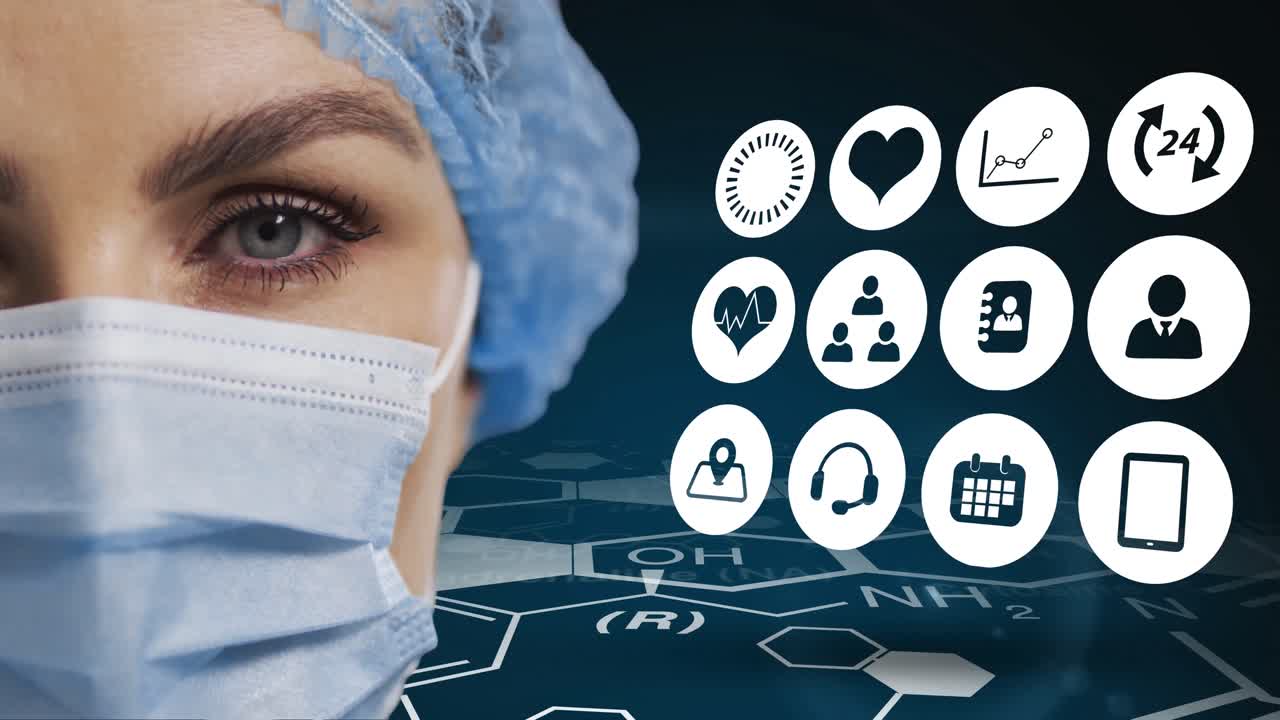 얼굴 마스크를 쓰고 있는 백인 여성 외과 의사의 초상화에 맞춰 여러 개의 의료 아이콘