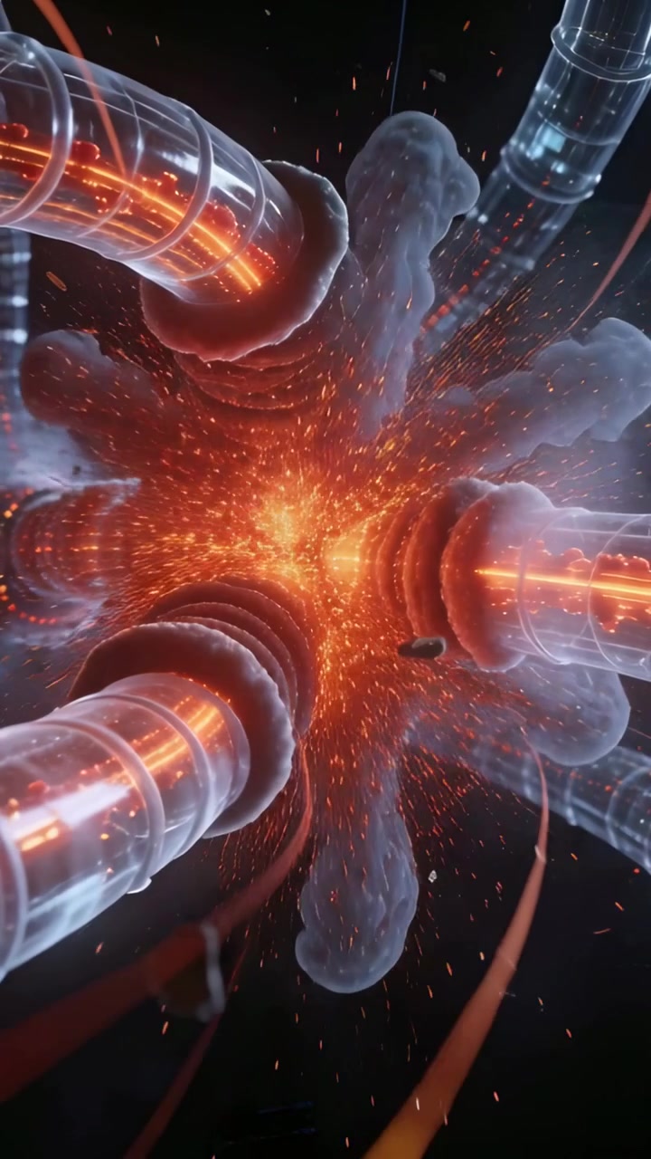 Video verticale: Nucleo luminoso che alimenta tubi di giunzione pulsanti che emettono fumo e scintille, atmosfera calma nello spazio
