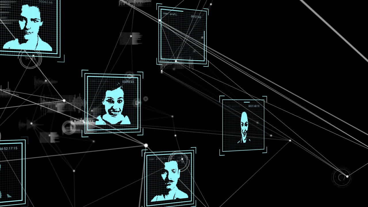iconos de perfiles múltiples flotando sobre la red de conexiones y procesamiento de datos en fondo negro