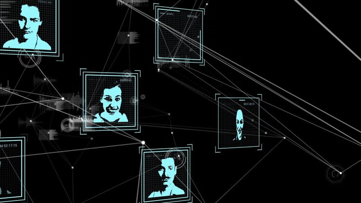 Multiple profile icons floating over network of connections and data processing on black background