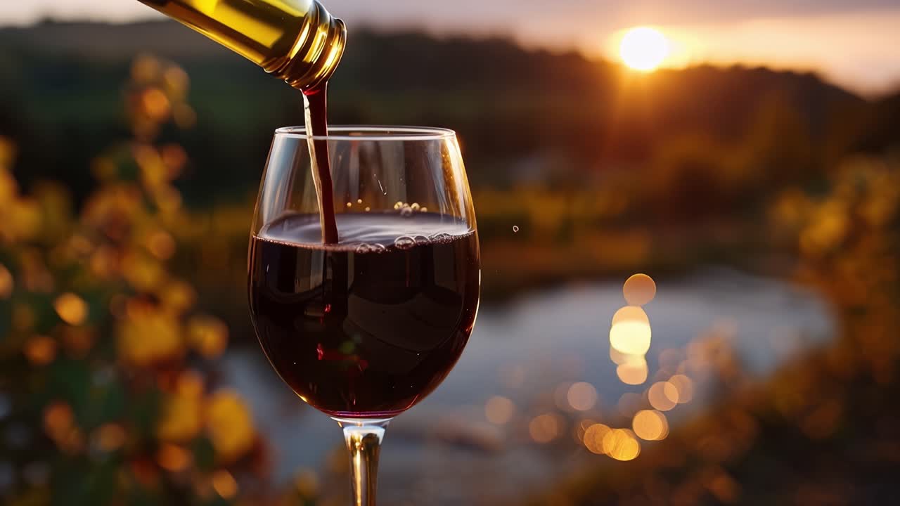 Sunset pours crimson wine into a glass. Golden light reflects off the liquid's surface. Bubbles rise as wine flows gracefully. Rural vines blur behind the glass. The moment feels warm, peaceful
