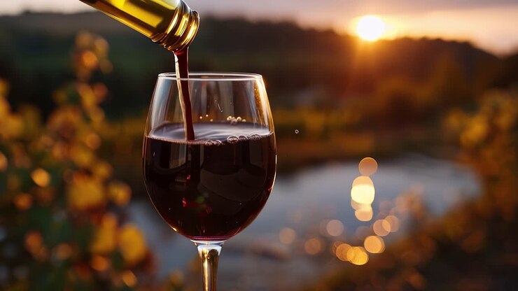Sunset pours crimson wine into a glass. Golden light reflects off the liquid's surface. Bubbles rise as wine flows gracefully. Rural vines blur behind the glass. The moment feels warm, peaceful