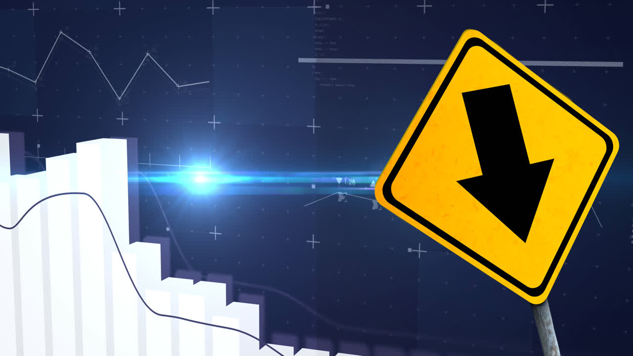 animación del procesamiento de datos financieros y señal de tráfico sobre fondo azul