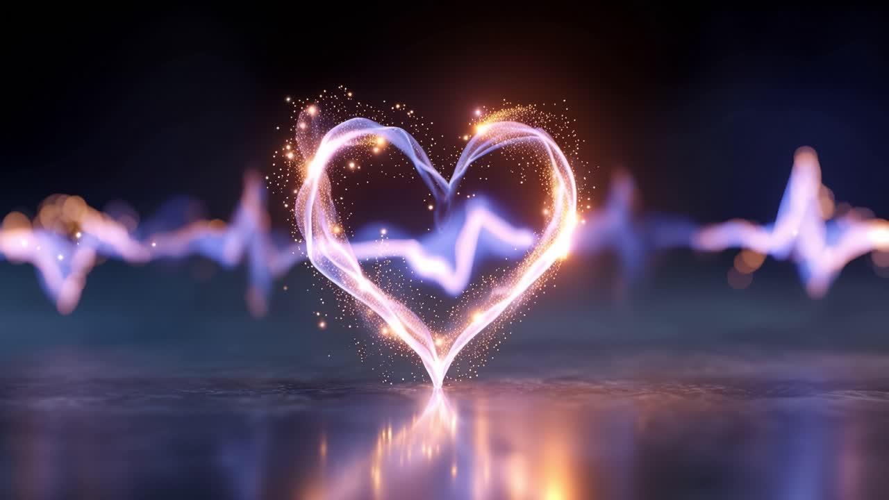 Un cuore luminoso pulsa di luce su una superficie riflettente. Scintille tremolanti tracciano la forma del cuore come il ritmo di un battito. Un bagliore caldo danza sopra l'acqua scura. L'emozione suggerisce amore, vita, connessione.