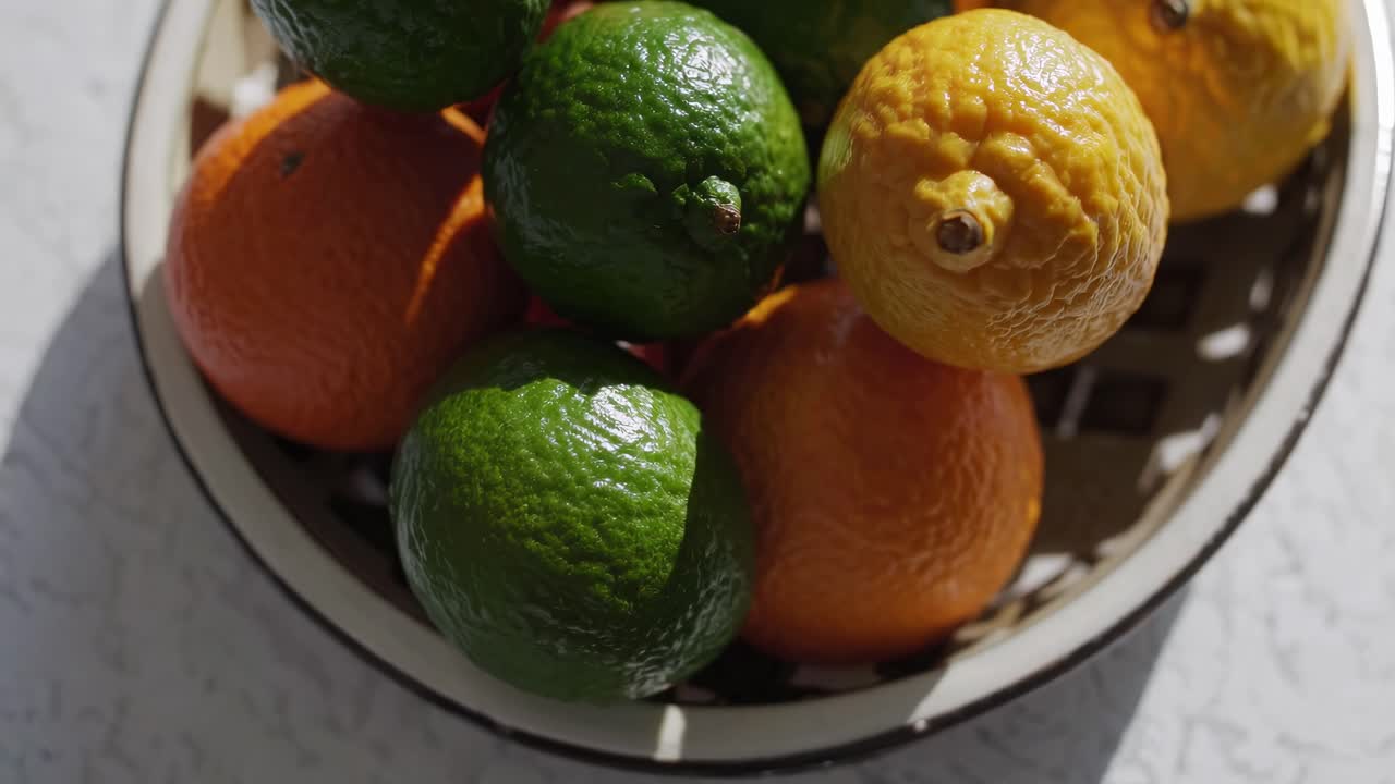 Toma de video cenital de vibrantes frutas cítricas en un cuenco, mostrando naranjas, limones y limas.