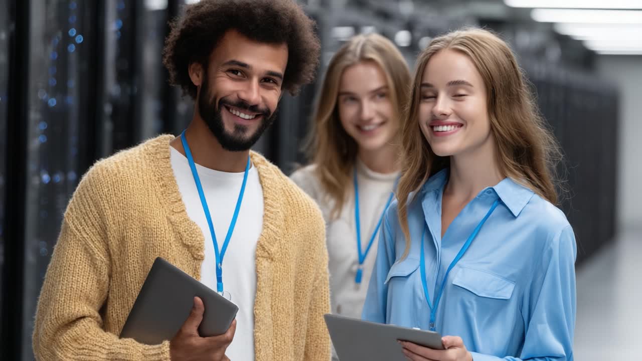 Grupo de jóvenes profesionales sonriendo y sujetando tablets en un moderno entorno de centro de datos, mostrando el trabajo en equipo y la tecnología en un ambiente luminoso