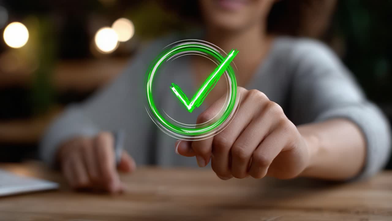 A person demonstrating a digital approval gesture with a glowing green check mark, symbolizing success, validation, and positive feedback in a modern setting