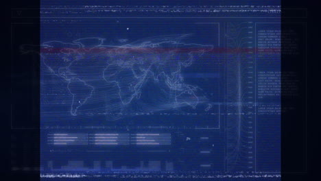 animación de interferencia sobre el mapa del mundo y procesamiento de datos en fondo azul