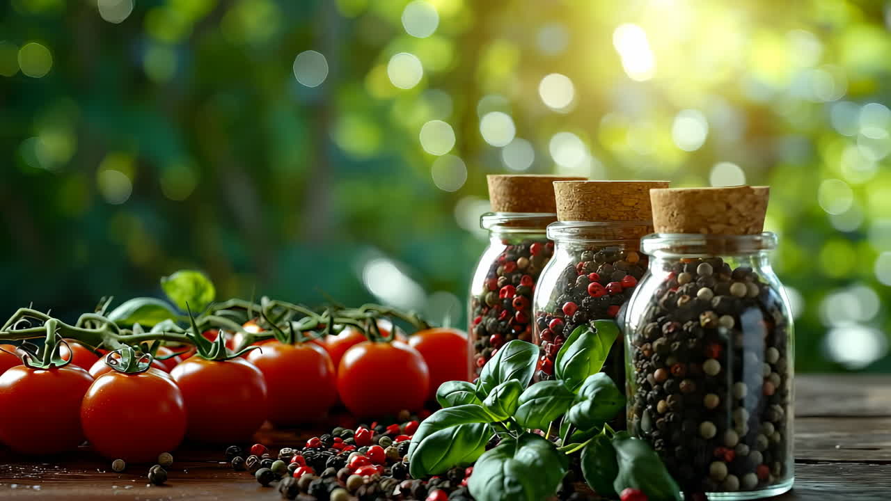 Spices and tomatoes on table. Red tomatoes and jars of colorful spices rest on a wooden table in a bright kitchen filled with natural light