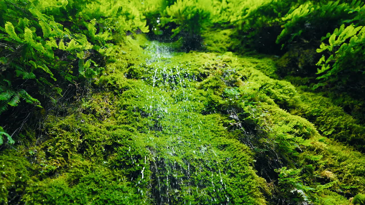 Waterfall gently dripping over moss and ferns in forest