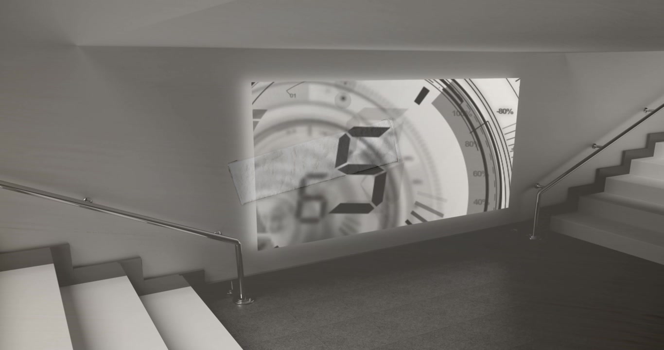 Animación de un reloj moviéndose sobre una casa del metaverso.