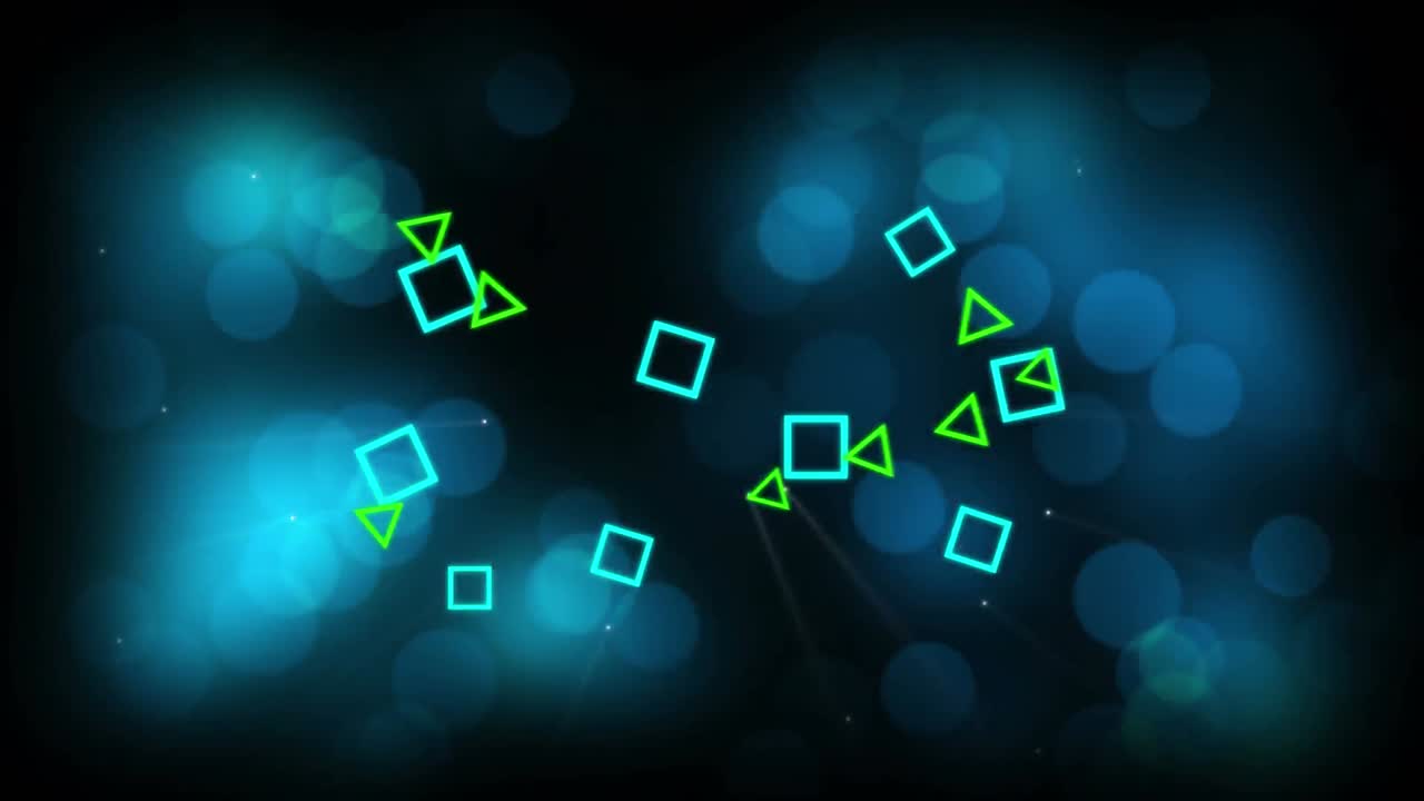 cuadrados y traingles contra luces azules bokeh en negro